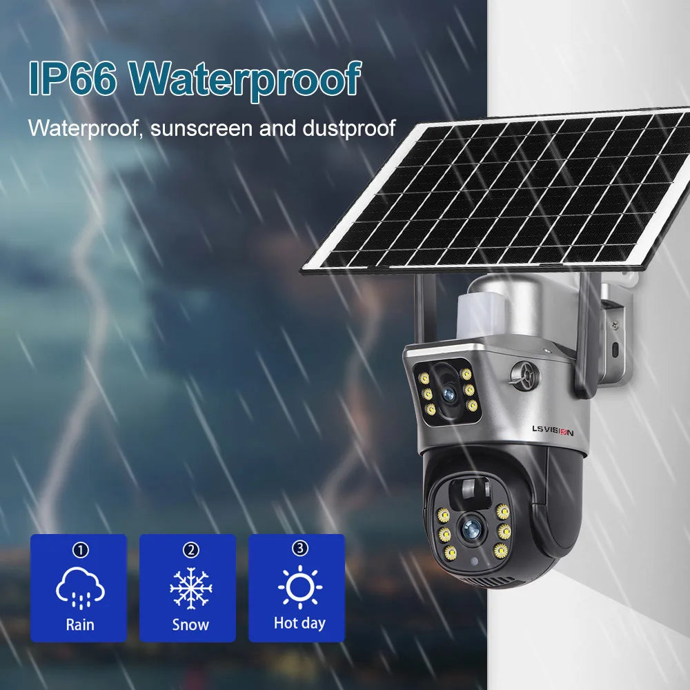 LS VISION Solar Camera 4G Sim Outdoor Dual Lens WiFi 8MP 4K IP Camara Solar Panel CCTV Security Built in Battery PIR Cam V380