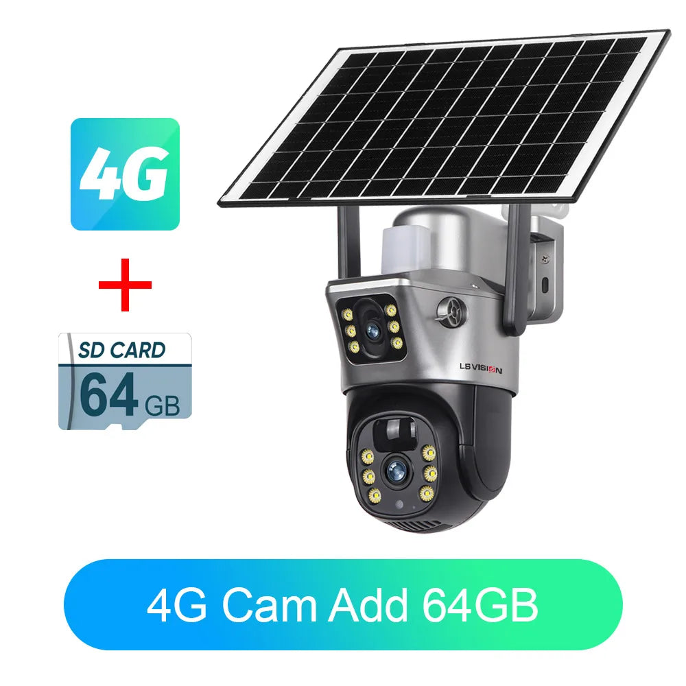 LS VISION Solar Camera 4G Sim Outdoor Dual Lens WiFi 8MP 4K IP Camara Solar Panel CCTV Security Built in Battery PIR Cam V380