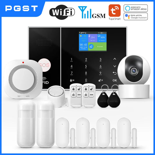 PGST Smart Life Alarm System for Home WIFI GSM Security Alarm Host with Door and Motion Sensor Tuya Smart App control work Alexa